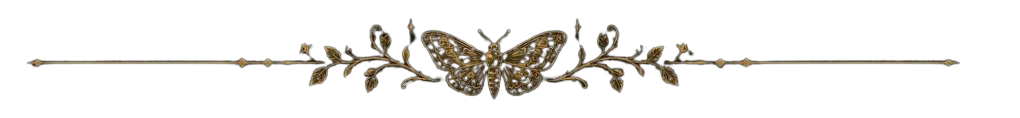 This image shows a decorative horizontal divider featuring an intricate, antiqued gold-toned butterfly at its center, flanked by stylized vine and leaf flourishes.