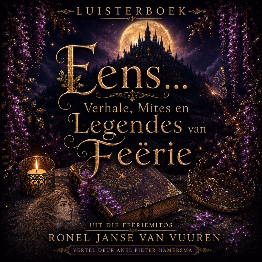Cover Composition: A dark, gothic fantasy audiobook cover featuring a glowing golden castle silhouetted against a massive, textured full moon.
Foreground Elements: An ornate, dark purple and gold spellbook lies on a dark surface, draped with cascading purple wisteria flowers, alongside a lit candle in a filigree holder, a glowing filigree crown with a purple gem, and a faint, ethereal profile of a woman's face etched into the ground.
Text & Typography: Elegant gold lettering reads "LUISTERBOEK" at the top, the large title "Eens... Verhale, Mites en Legendes van Feërie" in the center, followed by "UIT DIE FEËRIEMITOS", the author name "RONEL JANSE VAN VUUREN", and "VERTEL DEUR ANÉL PIETER HAMERSMA" at the bottom.
Atmosphere: Magical, mystical, and nocturnal, framed heavily by hanging purple wisteria vines and a subtle glowing butterfly on the right.