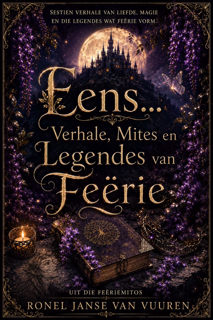 Book cover for "Eens... Verhale, Mites en Legendes van Feërie" by Ronel Janse van Vuuren. The dark, gothic-fantasy aesthetic features a gothic castle silhoueted against a massive, glowing full moon at the top. Cascading purple wisteria vines frame the sides of the composition. In the center, ornate gold typography reads "Eens..." followed by "Verhale, Mites en Legendes van Feërie." Below the text, an antique, ornate purple book adorned with golden clasps and a tree emblem rests on a stone surface alongside a glowing candle in a patterned votive, a sparkling tiara, and loose purple flower clusters.