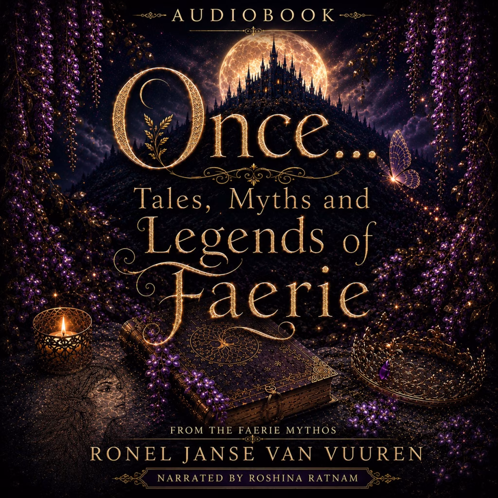 Cover Composition: A dark, gothic fantasy audiobook cover featuring a glowing golden castle silhouetted against a massive, textured full moon.
Foreground Elements: An ornate, dark purple and gold spellbook lies on a dark surface, draped with cascading purple wisteria flowers, alongside a lit candle in a filigree holder, a glowing filigree crown with a purple gem, and a faint, ethereal profile of a woman's face etched into the ground.
Text & Typography: Elegant gold lettering reads "AUDIOBOOK" at the top, the large title "Once... Tales, Myths and Legends of Faerie" in the center, followed by "FROM THE FAERIE MYTHOS", the author name "RONEL JANSE VAN VUUREN", and "NARRATED BY ROSHINA RATNAM" at the bottom.
Atmosphere: Magical, mystical, and nocturnal, framed heavily by hanging purple wisteria vines and a subtle glowing butterfly on the right.