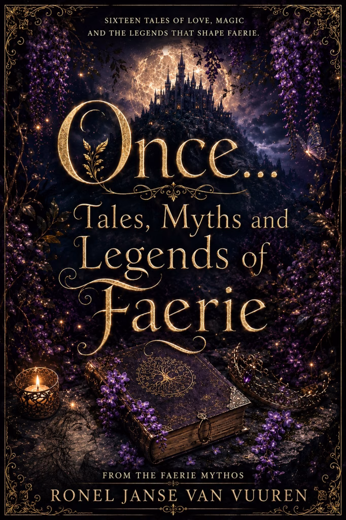 Book cover for "Once... Tales, Myths and Legends of Faerie" by Ronel Janse van Vuuren. The dark, gothic-fantasy aesthetic features a gothic castle silhouetted against a massive, glowing full moon at the top. Cascading purple wisteria vines frame the sides of the composition. In the center, ornate gold typography reads "Once..." followed by "Tales, Myths and Legends of Faerie." Below the text, an antique, ornate purple book adorned with golden clasps and a tree emblem rests on a stone surface alongside a glowing candle in a patterned votive, a sparkling tiara, and loose purple flower clusters.