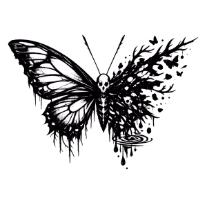 Illustration Style: A striking black-and-white digital illustration of a butterfly against a plain white background, rendered in a gothic and macabre style.
Left Wing: The left wing is mostly intact with clear, intricate vein patterns, but the lower edge is ragged, dripping, and dissolving downward into thorn-like spikes.
Body and Head: The central body is skeletal, and the head of the insect is replaced by a small, detailed human skull with two straight antennae extending upward.
Right Wing: The right wing is entirely disintegrated and transformed into a dense cluster of bare tree branches, dripping ink or liquid, scattered small skulls, and floating tiny butterflies or leaves dissolving into the air, with concentric ripples underneath the bottom drops.