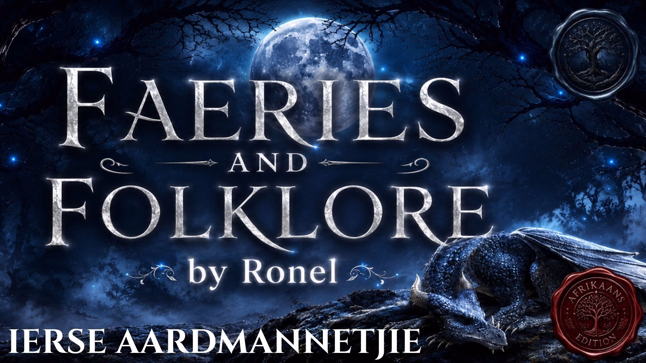 A dark fantasy banner titled "FAERIES AND FOLKLORE by Ronel," set against a misty, gnarled forest under a large, glowing full moon. In the bottom left corner, the word "Ierse Aardmannetjie" is written in a clean, white serif font. In the top right corner, there is a circular, dark metallic or wax seal stamp featuring an embossed illustration of a tree. A scaly blue dragon rests on a rocky ridge in the foreground, surrounded by faint, glowing blue magical embers. A red wax seal has “Afrikaans Edition” stamped on it with an embossed tree.