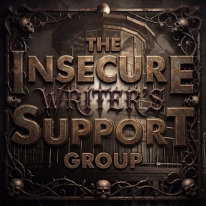 An ornate, gothic-style badge for "The Insecure Writer's Support Group," rendered in aged, rusted metal with a filigree frame featuring skulls and thorny vines. The central text, in a decorative, spiky font, reads "The Insecure Writer's Support Group," set against a dark, spiderweb-filled background with a hint of a lighthouse structure and a raven silhouette. Small skulls are positioned at the corners of the frame.