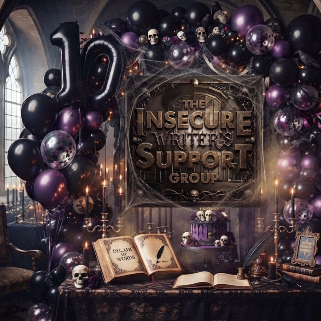 A gothic-style celebration image featuring a black and purple balloon arch with a giant "10" balloon, a candlelit table with an open book titled "Decade of Words" and a skull, and the gothic "The Insecure Writer's Support Group" badge integrated into the center with hanging cobwebs and atmospheric effects.
