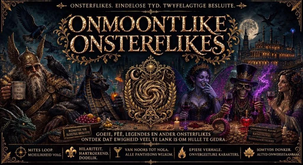 A gothic fantasy banner featuring ornate gold scrollwork and typography against a dark, starry night sky with a full moon. At the top, bold gold letters read: "ONMOONTLIKE ONSTERFLIKES," preceded by the tagline "ONSTERFLIKES. EINDELOSE TYD. TWYFELAGTIGE BESLUITE." Centered below is a dark banquet table surrounded by diverse mythological and supernatural immortals, including a Viking god with a mug, an Egyptian jackal-headed figure with a tropical drink, a purple-skinned faerie laughing, a top-hat-wearing skeletal figure, and a gothic woman. A golden spiral emblem rests in the center of the table. Below them, text reads: "GODE, FEË, LEGENDES EN ANDER ONSTERFLIKES. ONTDEK DAT EWIGHEID VEEL TE LANK IS OM HULLE TE GEDRA." The bottom border features five icons detailing themes: Mites loop, Hilariteit, Van Noors tot Nola, Epiese verhale, and Somsyds donker.