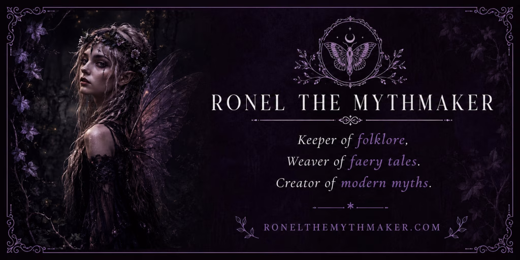 An author banner titled "RONEL THE MYTHMAKER" in a dark, ethereal fantasy theme with purple and black tones. On the left, a detailed illustration depicts a melancholic fae woman with large, translucent gossamer wings, wild ash-blonde hair adorned with a floral crown, and pointed ears, looking back over her shoulder amidst dark ivy vines. The right side features a dark purple, textured background with a central white and purple logo of a moth under a crescent moon, framed by delicate botanical filigree. Below the logo, the main text reads "RONEL THE MYTHMAKER" in a clean serif font. Underneath a decorative divider line, three lines of stylized italic text read: "Keeper of folklore, Weaver of faery tales. Creator of modern myths." with the words "folklore," "faery tales," and "modern myths" highlighted in a lighter lavender. At the bottom, flanked by small leaf illustrations, is the website text: "RONELTHEMYTHMAKER.COM". The entire banner is framed by an ornate, vintage-style purple border with decorative corners.