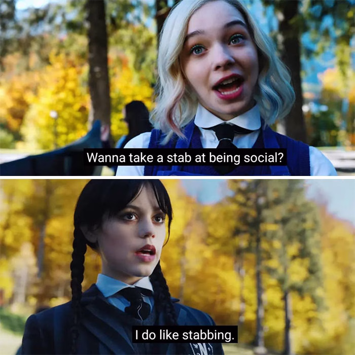 A two-panel meme featuring a scene from the Netflix series Wednesday.Top Panel: A blonde girl (Enid Sinclair) with blue and pink highlights in her hair smiles enthusiastically outdoors against a background of autumn trees. She wears a blue school uniform vest, white collared shirt, and black tie. Subtitles read: "Wanna take a stab at being social?"Bottom Panel: Wednesday Addams, with her signature black braided pigtails, pale skin, and a dark school uniform, looks at Enid with a blank, serious expression. Subtitles read: "I do like stabbing."