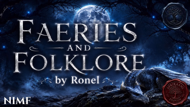 A dark fantasy banner titled "FAERIES AND FOLKLORE by Ronel," set against a misty, gnarled forest under a large, glowing full moon. In the bottom left corner, the word "Nimf" is written in a clean, white serif font. In the top right corner, there is a circular, dark metallic or wax seal stamp featuring an embossed illustration of a tree. A scaly blue dragon rests on a rocky ridge in the foreground, surrounded by faint, glowing blue magical embers. A red wax seal has “Afrikaans Edition” stamped on it with an embossed tree.