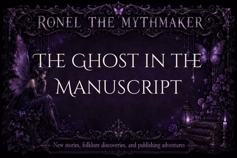 Header image for "Ronel The Mythmaker": Main text: "The Ghost in the Manuscript" Subtitle: "New stories, folklore discoveries, and publishing adventures" Visual theme: A dark, gothic fantasy illustration in deep shades of purple, featuring ornate filigree framing, glowing fairy lights, a stack of books with lit candles on the right, and a dark-haired fairy with large wings sitting on the left.