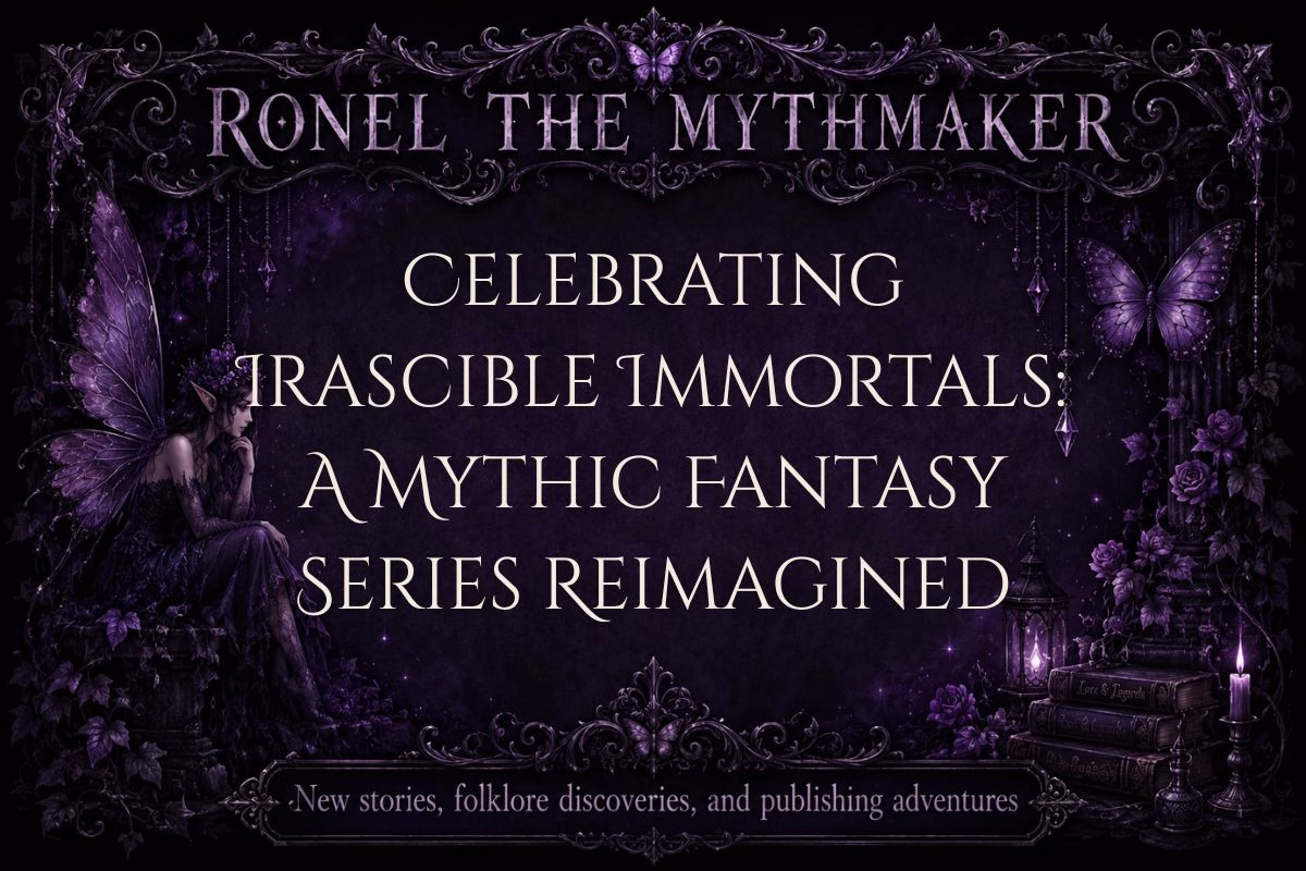 A dark, ornate purple fantasy banner featuring a frame of filigree, butterflies, crystals, and roses. On the left, a seated faerie with dark wings looks out over the scene. On the right, a stack of books sits beside a glowing lantern and a lit candle. Large white text reads: "Ronel the Mythmaker: Celebrating Irascible Immortals: A Mythic Fantasy Series Reimagined", with smaller text at the bottom reading: "New stories, folklore discoveries, and publishing adventures".