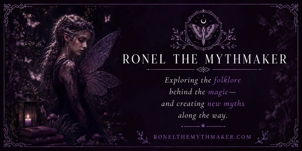 A dark fantasy, gothic-style banner featuring a faerie and branding text on a deep purple background. On the left, a side profile of a young female faerie with pointed ears, long wavy hair, a floral crown, and translucent, vein-textured wings looks down thoughtfully. She stands in a shadowy forest next to a glowing candle lantern resting on stacked vintage books. The right side features a decorative circular emblem with a moth and crescent moon, followed by the text: "RONEL THE MYTHMAKER," "Exploring the folklore behind the magic—and creating new myths along the way," and the website "RONELTHEMYTHMAKER.COM". The entire image is framed by an ornate, vintage border.